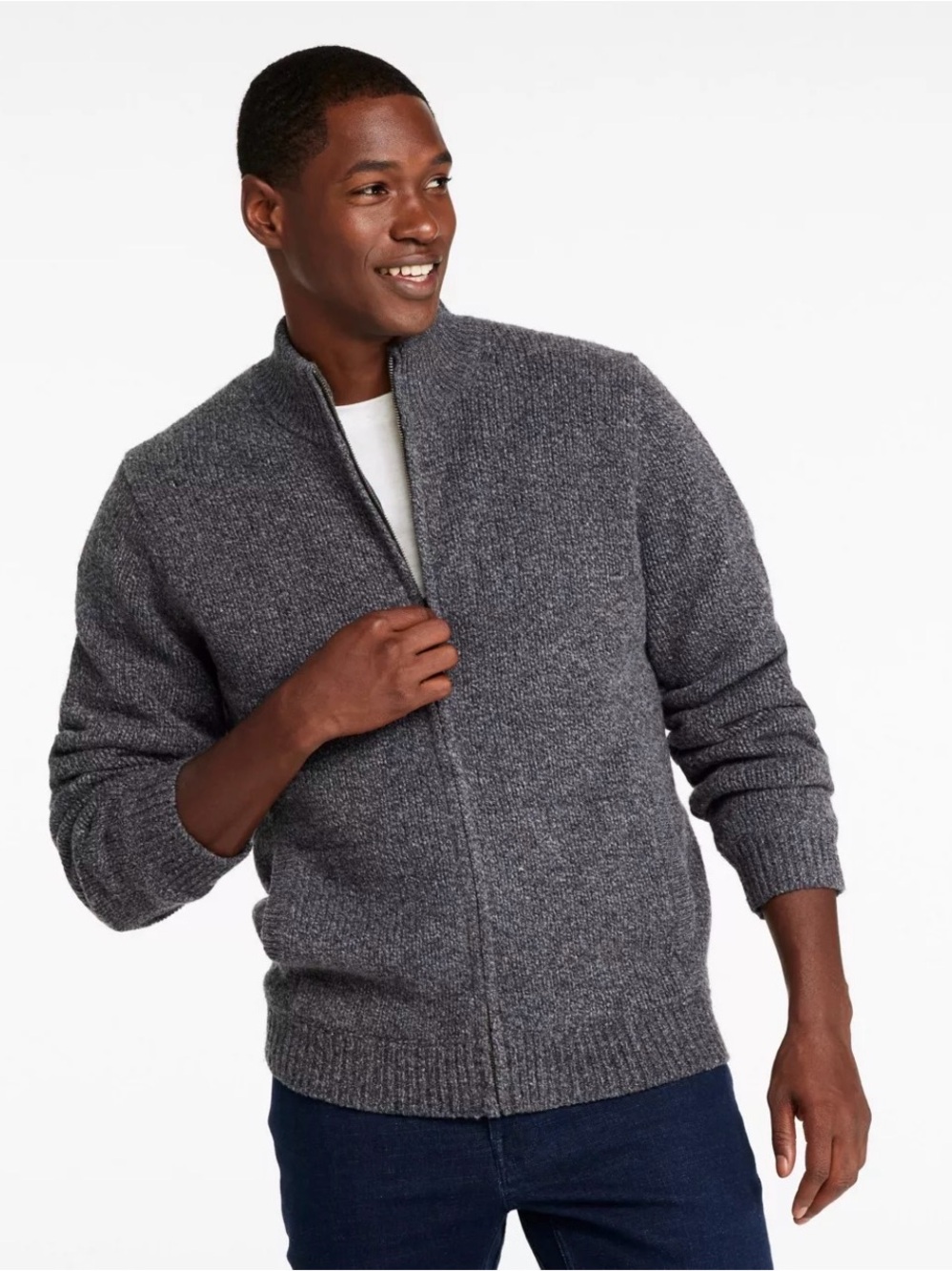 LL Bean Lambswool Knit Full Zip Men Ragwool Pocket Speckled Sweater Medium Euc